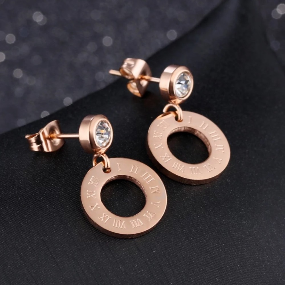 3/$30 Rose Gold Stainless Steel Roman Earrings - Picture 3 of 6